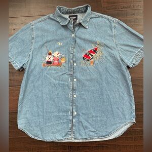 Denim embroidered quirky kitsch button shirt boat picnic coastal grandma size L